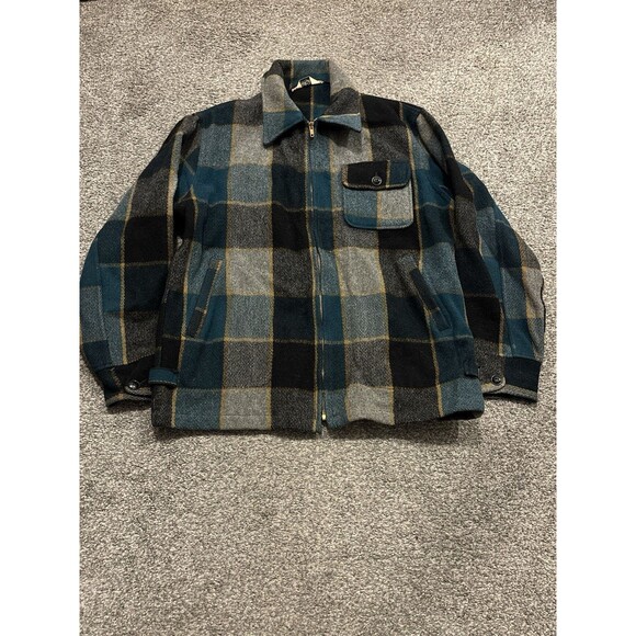 Vintage 1970s Woolrich Wool Workwear Coat Size 42 Green Black Buffalo Plaid - Picture 1 of 7